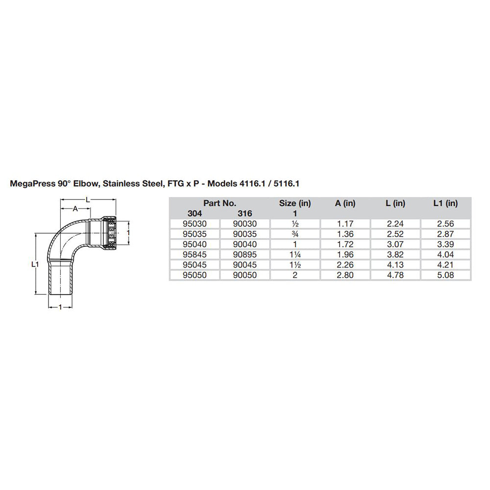 Viega MegaPress 1/2" 90 Stainless 304 Elbow - Street/Press Connection - Smart Connect Technology [95030]